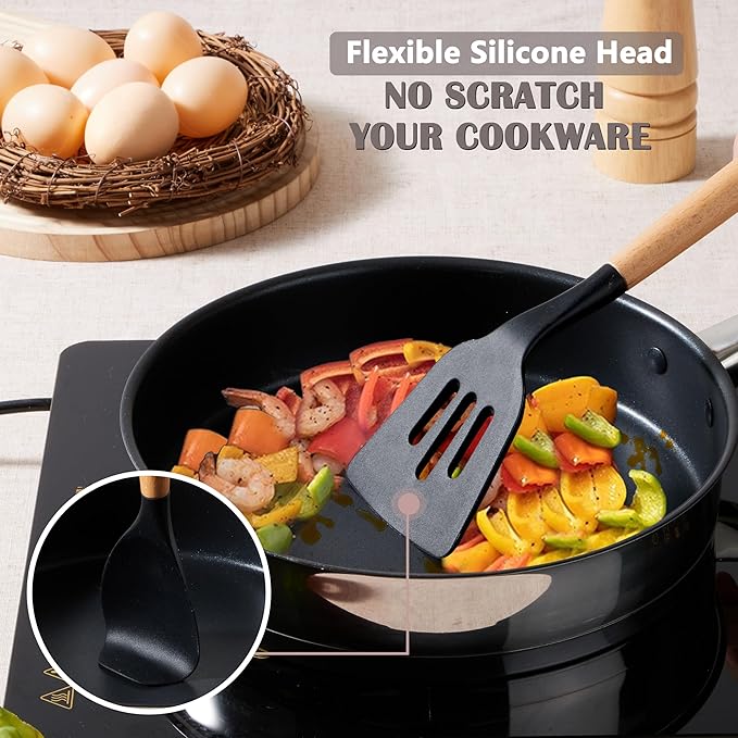 E-far Black Kitchen Utensils Set with Holder, 25-Piece Silicone Cooking Utensil Set with Wooden Handle for Nonstick Cookware, 446°F Heat Resistant Kitchen Tool Spatula Tongs Whisk, Non-toxic & Healthy