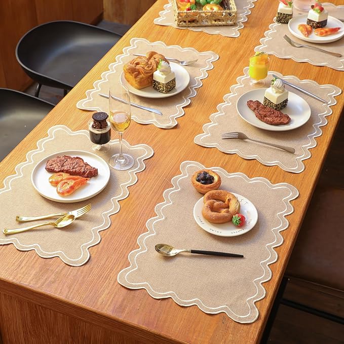 HunnmingRe Set of 6 Cotton Linen Placemats, 13x19 Inch Scalloped Wavy Embroidery Placemat Double Layered Washable Rustic Rectangle Dinner Table Mats for Wedding Home Decor(Linen with Beige)