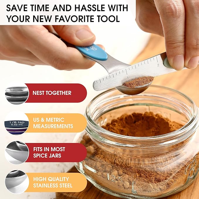 Spring Chef Stainless Steel Magnetic Measuring Spoons Set of 8 with Leveler, Dual Sided Metal Teaspoon & Tablespoon Measuring Spoons, Nesting Kitchen Gadgets for Baking & Cooking - Winter Frost