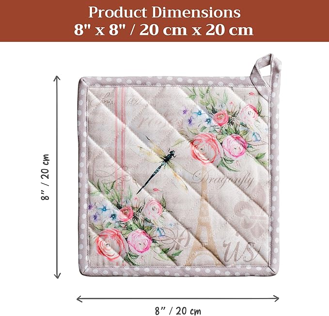 Maison d' Hermine Pot Holders 100% Cotton Heat Resistant Potholders 8" x 8" Hot Pads with Loop BBQ Cooking Baking Gifts for Mothers Day Handling Hot Pans Spring/Summer (Pack of 1, Champ De Mars)