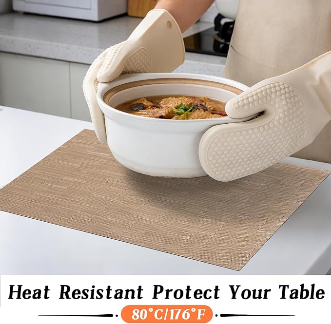 Timeet Placemats Set of 6, Heat Resistant Non-Slip Place Mats, Durable Washable PVC Vinyl Woven Table Mats, Linen Textured Table Placemats for Dining Kitchen Resistant Easy to Clean(Brown)