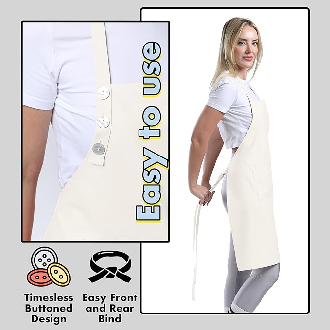 TOSHE Kitchen Apron Waterdrop Resistant Cotton Apron with adjustable Aprons for Women with Pockets 10 Color option Cooking Cream Apron (Cream)
