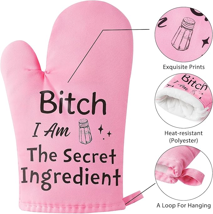 GROBRO7 6Pcs Funny Oven Mitts Pot Holders Baking Gift, I Am The Secret Ingredient Resistant Hot Pad Machine Washable Gloves with Hanging Pocket Potholder for Friend Women Gift for Love Kitchen Cooking