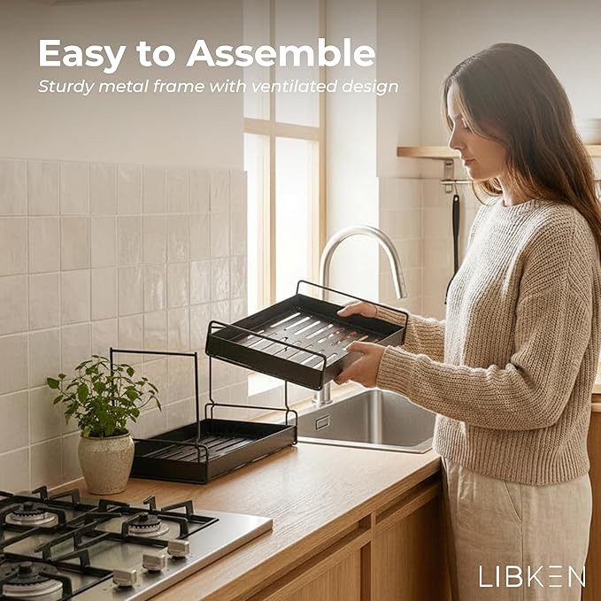 Libken 2-Tier Fruit Basket for Kitchen Counter – Black Powder Coated Metal Fruit Stand – Minimal Scandinavian Design Countertop Organizer for Fruits, Vegetables, Bread, Snacks – Sturdy & Easy Assembly