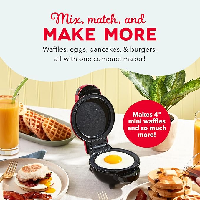 Dash MultiMaker® Mini System - Compact Waffle Maker for Family Breakfasts - Removable Griddle Plates & nonstick surface - 5 Plates - Red