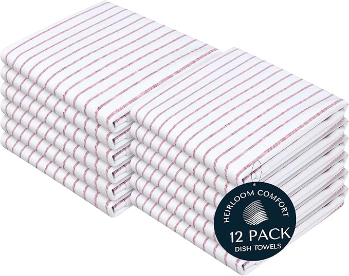 Burgundy Striped Kitchen Dish Towels (12-Pack), Quick Dry, Ultra Absorbent & Durable, 100% Cotton Classic Stripe Towels for Drying Dishes, Wiping, and Daily Kitchen Cleanup