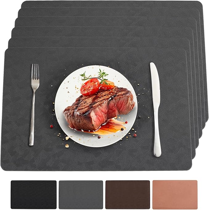 Vinyl Placemats Set of 6 Heat Resistant Easy Clean Non-Slip Place Mats for Dining Table Faux Leather Waterproof Stain Resistant Wipeable Washable PVC Table Mats(6, Gray)