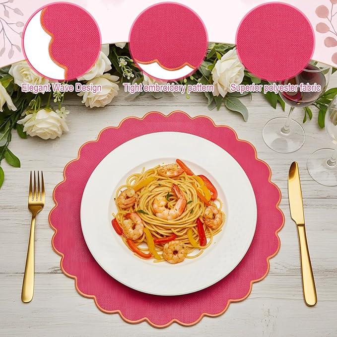 Set of 6 Round Placemats 15 Inch Cotton Scalloped Embroidery Placemat Washable Double Layered Rustic Dinner Table Mat Decor Fabric for Hotel Restaurant Kitchen(Hot Pink/Orange,Classic)