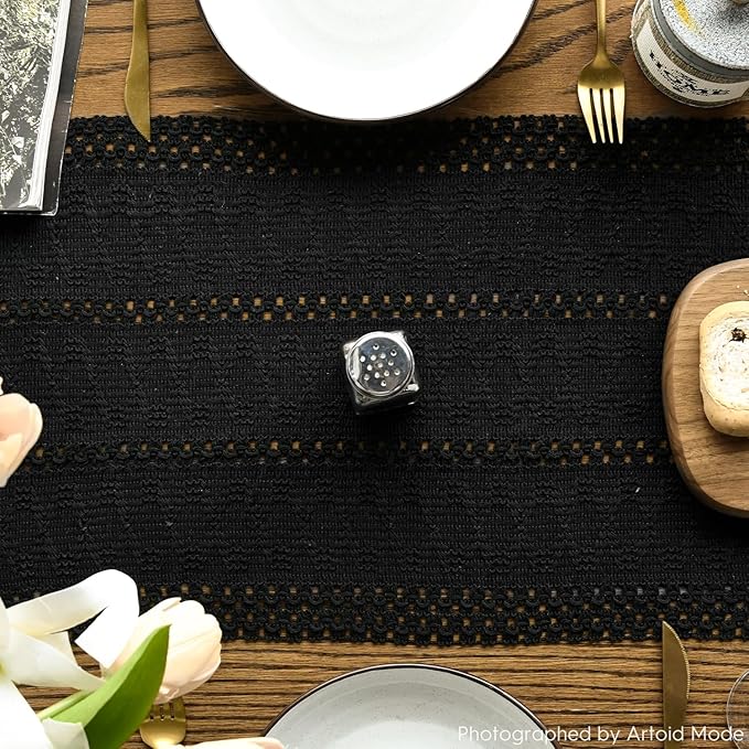 Artoid Mode Black Farmhouse Woven Rustic Hollow Table Runner, Seasonal Holiday Kitchen Dining Table Decoration for Home Party Decor 12x36 Inch