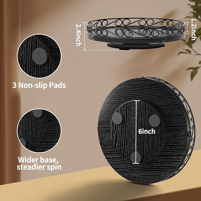 Yoobure 10" Lazy Susan Turntable for Cabinet - Farmhouse Wooden Round Tray for Table Top, 360° Rotating Lazy Susans Counter Organizer with Patterned Raised Edge for Kitchen Dining Table Decor, Black
