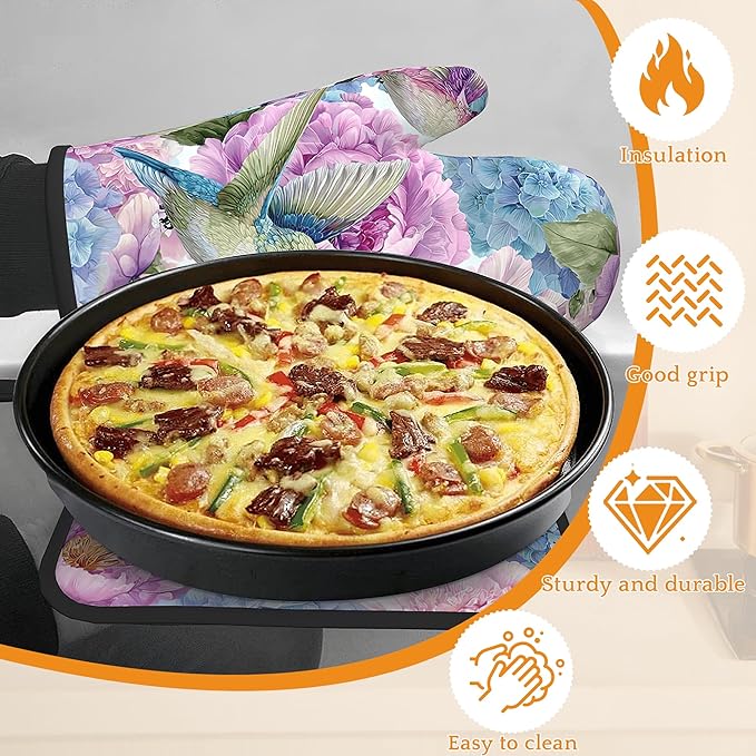 Hummingbird Oven Mitts and Pot Holders Set,Pink Flower Floral Kitchen Decor Heat Resistant Non Slip Hot Pads and Oven Mitt for Chef Cooking Baking BBQ Mom Girl Gifts(4 Piece Set)