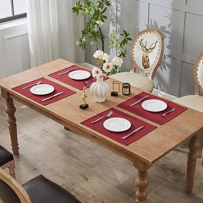 BALCONY & FALCON Placemats Set of 4 Faux Linen Cloth Place Mats Washable Waterproof Wrinkle Resistant Table Placemats for Dining Kitchen Farmhouse Indoor & Outdoor Use(Ruby Red, 13.8”x 17.7”