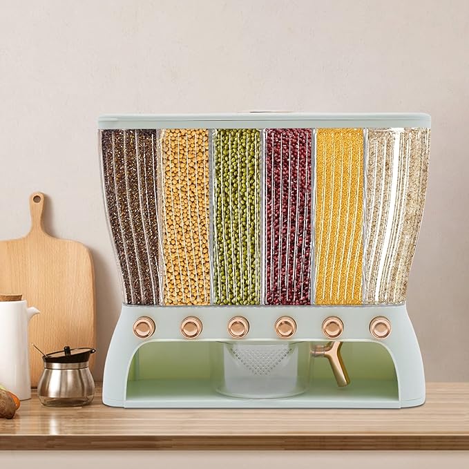 6 Grids Grain Dispenser Can, Cereal Rice & Grain Storage Container Multigrain Tank Rice Dispenser Dry Food Grain Dispenser with Measuring Cup for Grains Rice Dry Food Beans (22.05Lbs Light Green)