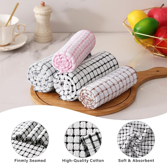 Homaxy Kitchen Towels and Dishcloths Set, 16 x 25 and 12 x 12 Inches, Set of 8 Cotton Terry Kitchen Dish Towels, Super Soft and Absorbent Dish Cloths, Black/Grey/Pink/Brown