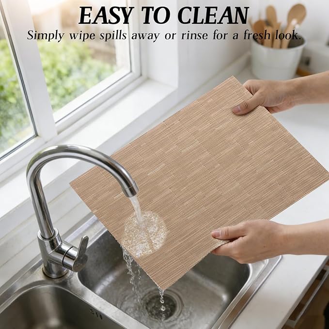 Timeet Placemats Set of 6, Heat Resistant Non-Slip Place Mats, Durable Washable PVC Vinyl Woven Table Mats, Linen Textured Table Placemats for Dining Kitchen Resistant Easy to Clean(Brown)
