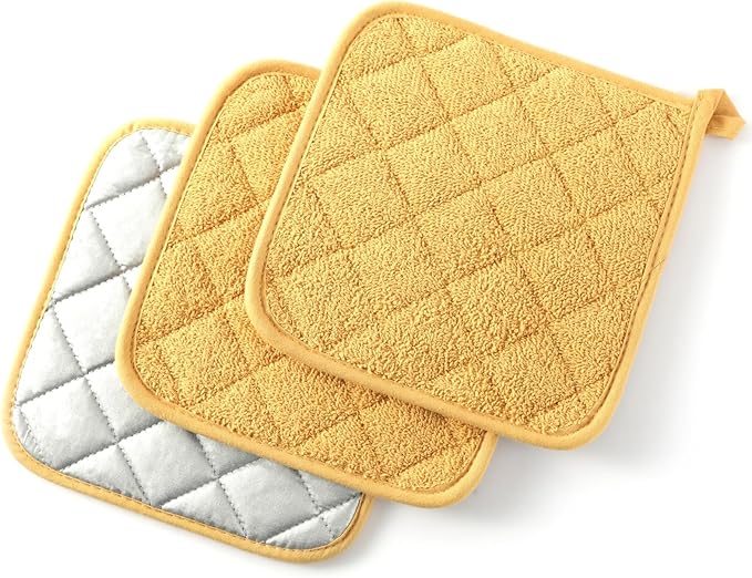 100% Cotton Basic Terry Collection Quilted，Pot Holder for Cooking and Baking，3 Piece. (French Blue)