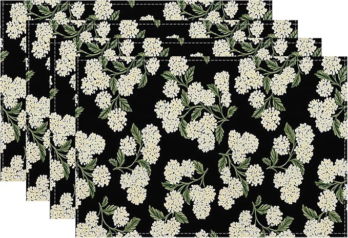 Spring Place mats Set of 4,12x18 Inches Black Beige Hydrangea Floral Decorative Summer Decor Flower Placemats Rectangle Spring Table Mats for Party Home Kitchen Dining Table Decoration
