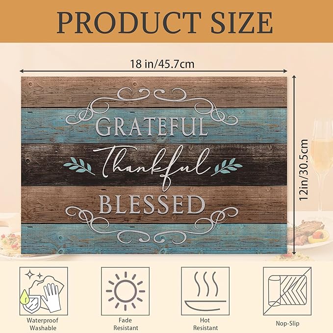 Thankful Grateful Blessed Placemats Set of 6 Place Mats for Kitchen Table Washable Farmhouse Linen Table Mats Dining Decoration 12x18 Inch
