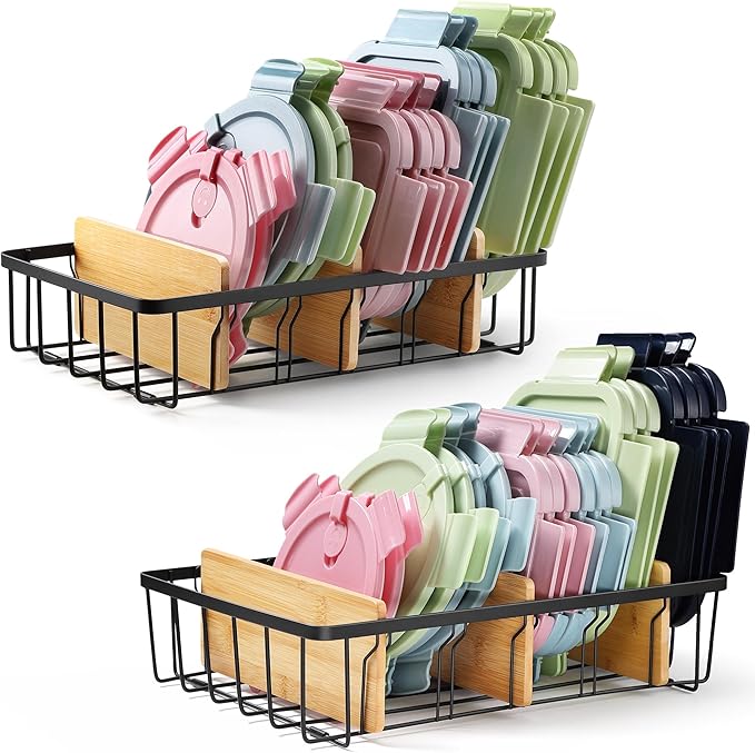 2-Pack Adjustable Lid Organizers - Large Kitchen Cabinet Organizer for Food Storage Container and Tumbler Cup Lids with 6 Bamboo Dividers -Organizers in Kitchen/Pantry/Laundry Room(Size:M+L)