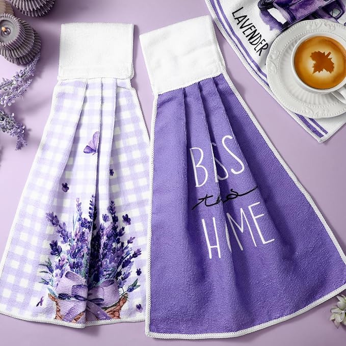 Tegeme 6 Pcs Hanging Kitchen Towels with Loop, Absorbent Hand Tie Towels Microfiber Decorative Fast Drying Kitchen Hanging Towel for Home Bathroom(Lavender)