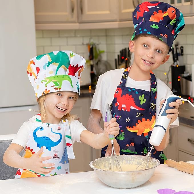 GROBRO7 4Pcs Kids Apron and Chef Hat Set Gift for Girls Boys, Dinosaurs World Adjustable Kitchen Toddler Aprons with 2 Pockets Waterproof Smocks for Baking Cooking Painting Training