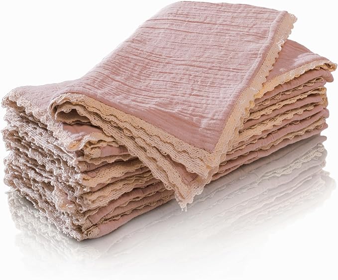 FINGERCRAFT Dinner Cloth Napkin Cotton Muslin Double Gauze 12 Pack with Classic Lace for Everyday Use, Wedding, Party, Christmas, Easter Napkins Cloth are Pre Shrunk and Good Absorbency Peach Wipe