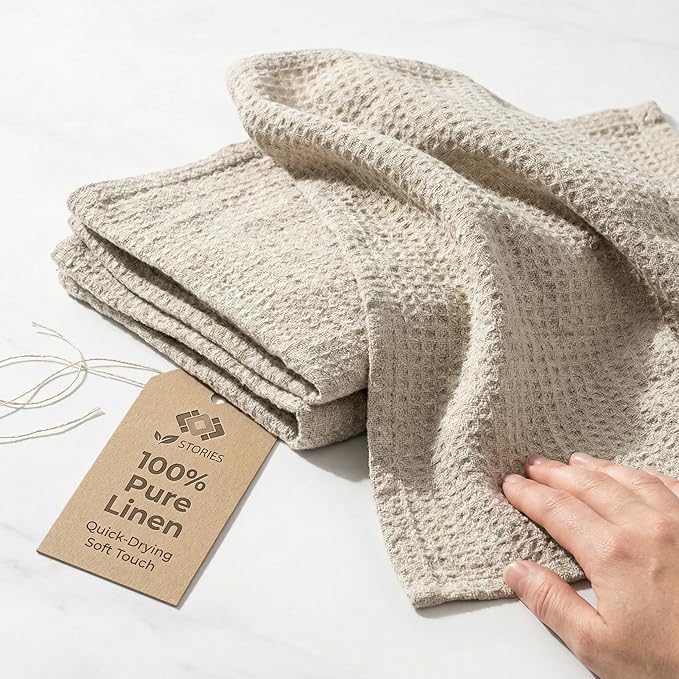 100% European Linen Hand Towels for Kitchen & Bath - Set of 2 - Waffle Weave, Highly Absorbent & Quick-Dry - 14 x 28 in - Stone Washed Flax