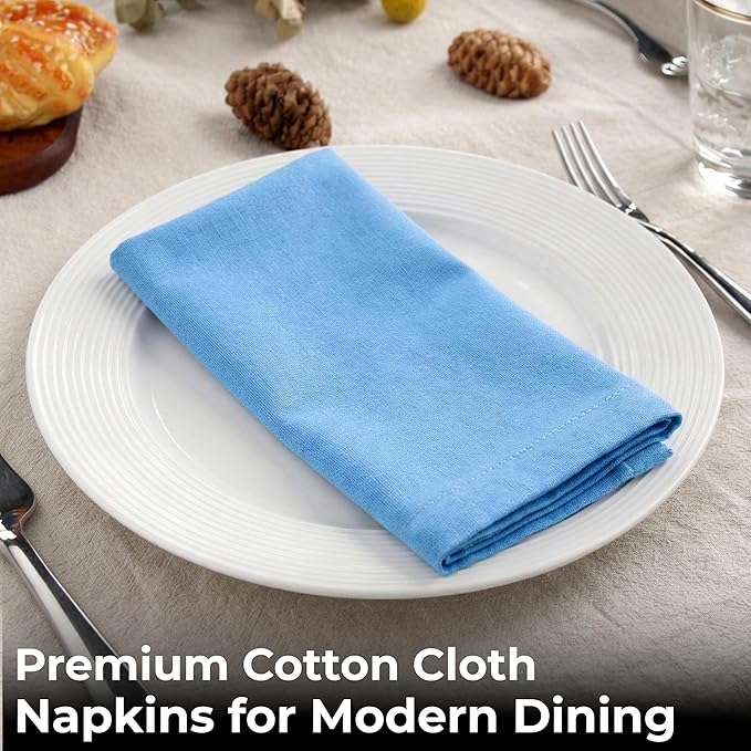 Ramanta Home Light Blue Cotton Dinner Napkins Set of 12, 18x18 Inch 100% Cotton Cloth Napkins, Reusable Fabric Table Napkins for Everyday Dining, Parties, Wedding, Spring & Easter Table Décor Washable