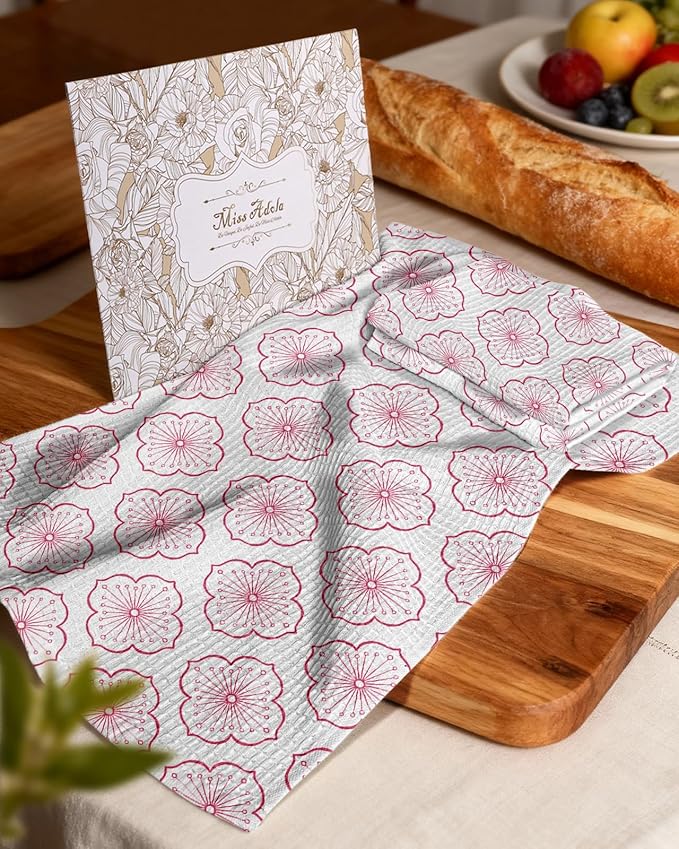 Miss Adola Cotton Waffle Kitchen Towels – Cute 370 GSM 16x25 Inch Terry Cloth Waffle Decorative Dishcloth for Kitchen Set of 2 with Hanging Loop Absorbent Hand Tea Towel for Home Design, Sakura