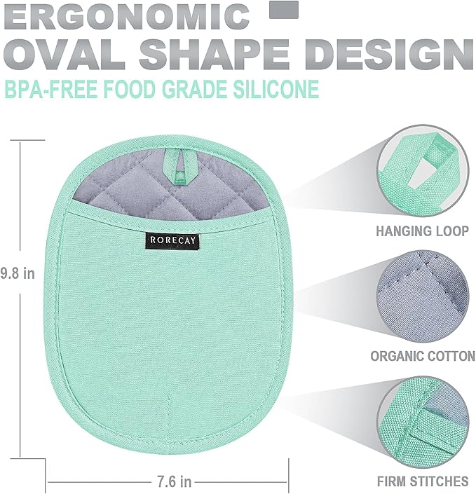 2-Pack Silicone Pot Holders for Kitchen Heat Resistant up to 500°F, Non-Slip Large Hot Pads with Pocket, Quilted Liner Trivets for Countertops Hot Pots and Pans (Bermuda Teal)