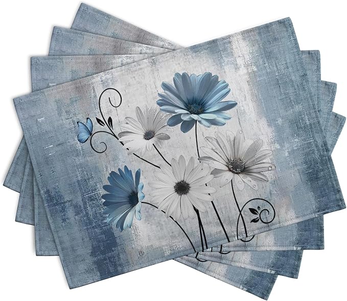 Daisy Placemats Set of 4 Blue Grey Rustic Vintage Floral Table Place Mats 12x18 Inch Seasonal Flower Spring Summer Linen Placemat for Party Kitchen Dining Outdoor Indoor Decor