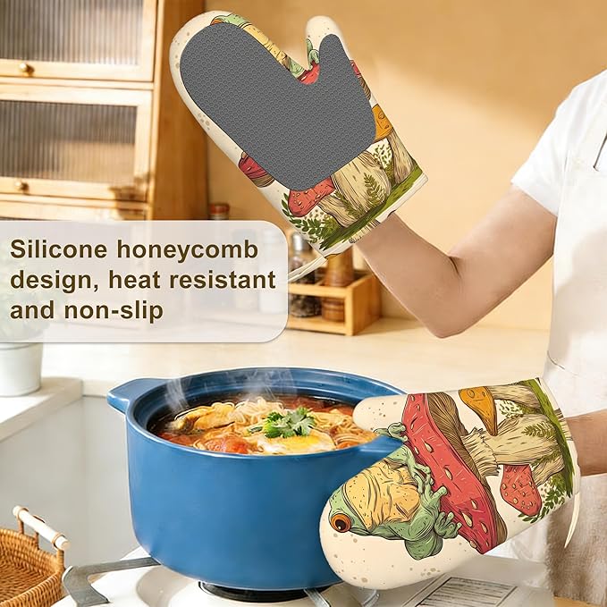 Green Frog Oven Mitts and Pot Holders Sets,Silicone Mushroom Kitchen Mitts Potholders Heat Resistant 4Pcs Oven Gloves Hot Pads for Kitchen Baking Cooking
