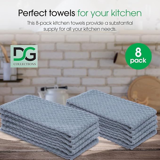 DG Collections Premium Dish Towels for Kitchen, 8 Pack, 15x25 Inch - 100% Cotton Kitchen Towels with Hanging Loop, Highly Absorbent, 400 GSM Bar Mop Cleaning Towels - Smoke Grey