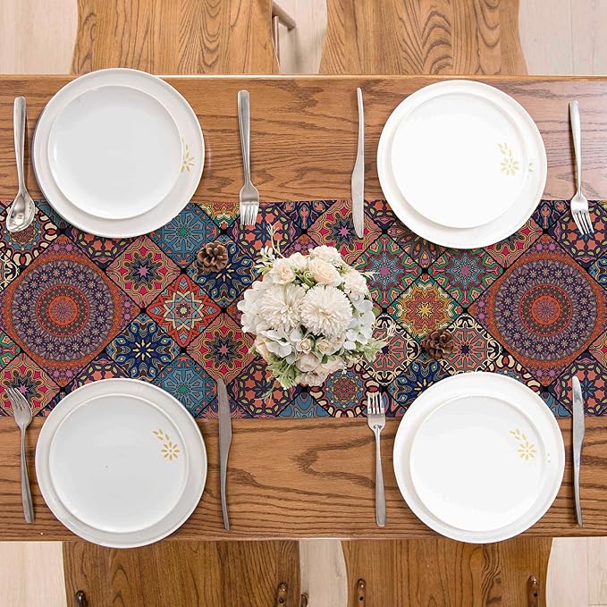 Boho Bohemian Table Runner 36 Inches Long, Vintage Seasonal Dresser Scarf for Party Kitchen Dining Coffee Table Bedroom Indoor Outdoor, Machine Washable (Bohemian A, 13” x 36”)