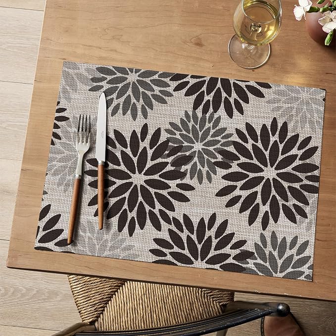 Artoid Mode Floral Vinyl Halloween Placemats Set of 4, Heat Resistant Washable Non-Slip Plastic PVC Place Mats for Party Kitchen Dining Decor, Black