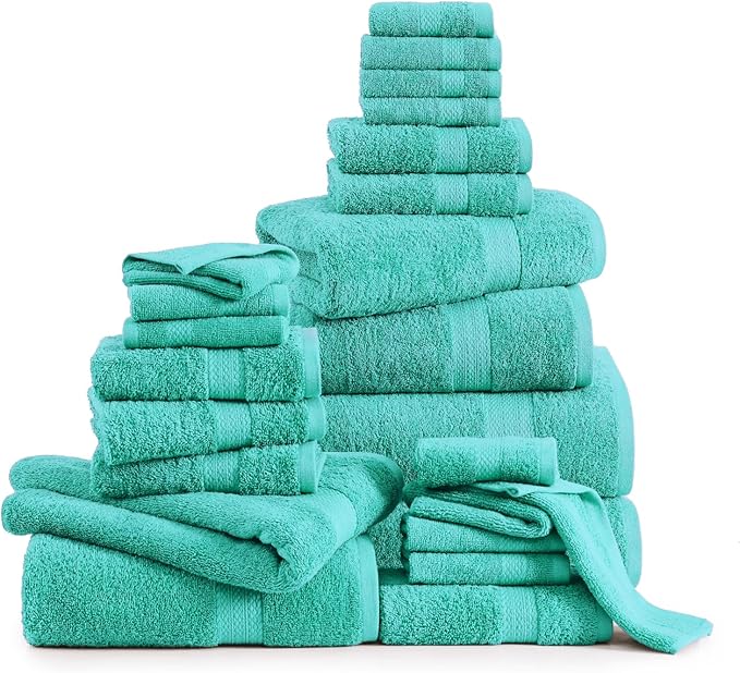 LANE LINEN 24 PCs 100% Cotton Bath Towels Set - Quick Dry, Ultra Soft & Ultra Absorbent - 4 Bath, 4 Fingertip, 6 Hand Towels, 8 Washcloths, 2 Bath Sheets - Home & Guest Bathroom Towels - Teal