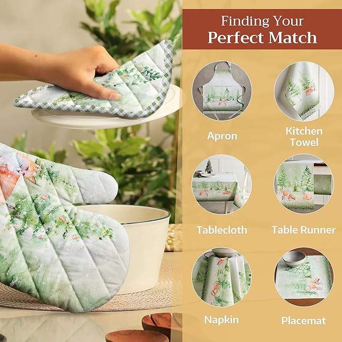 Maison d' Hermine Pot Holders Set 100% Cotton Heat Resistant Potholders 8" x 8" Hot Pads with Loop for Thanksgiving Christmas Decorations BBQ Baking Handling Hot Pans (Pack of 2, Winter Mornings)