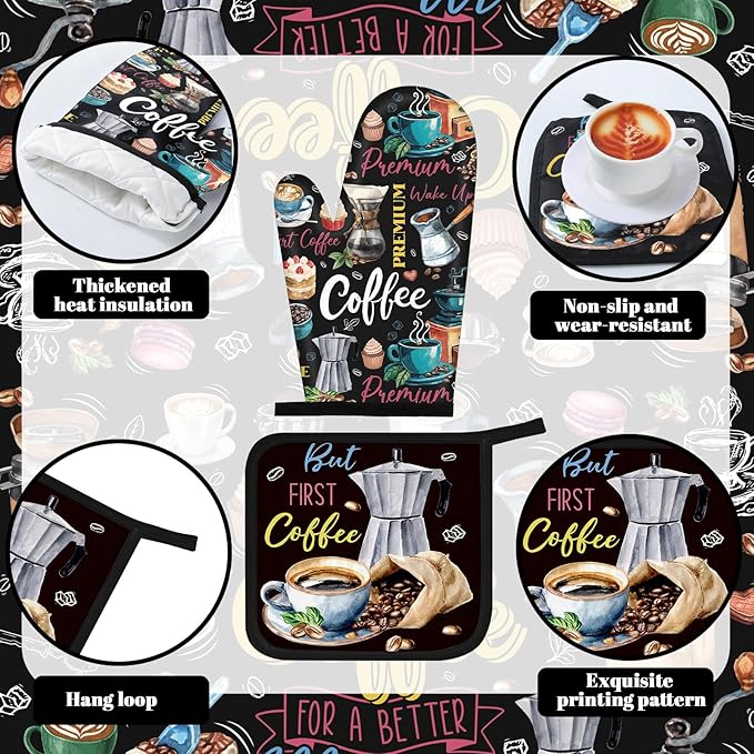 Fourluoo 10 Pcs Coffee Kitchen Decor Set Coffee Kitchen Dish Towels Oven Mitts and Pot Holders Farmhouse Rugs Mats Vintage Black Potholders for Chef Baking Cooking Grilling BBQ Women Accessories Gift