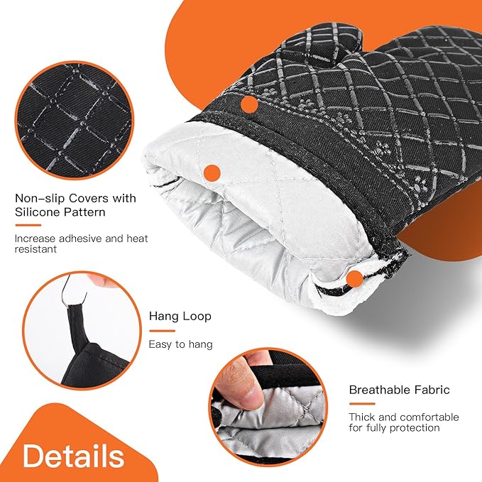 Philorn Oven Mitts and Pot Holders 6pcs, Kitchen Oven Glove High Heat Resistant 500℉ Extra Long Oven Mitts and Potholder with Non-Slip Silicone Surface for Baking, Cooking, BBQ (Black)