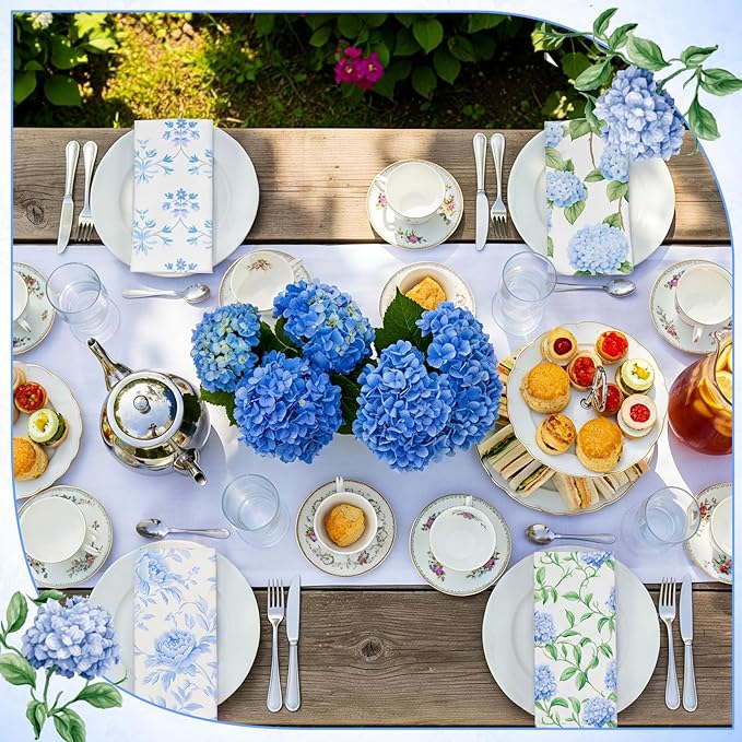 Hydrangea Floral Cloth Napkins 6 Patterns Washable Dinner Tea Party Napkins Reusable Plant Flowers Square Napkin Cotton Towel Decorative for Spring Wildflower Party(Blue Hydrangea,12 Pcs)