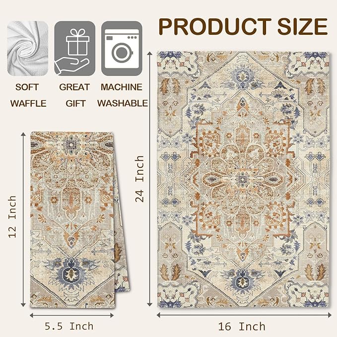 Vintage Oriental Floral Kitchen Towels, Boho Dish Towels Drying Cloth for Kitchen, Antique Boho Abstract Flower Decorative Hand Towel for Bathroom, 16x24 Inch Set of 2