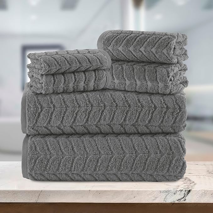 Elegant Comfort Luxury 6-Piece 100% Turkish Cotton Jacquard Braided Textured Premium Hotel Quality Towel Set– Soft and Absorbent, Includes 2 Bath Towels, 2 Hand Towels and 2 Washcloths, Gray