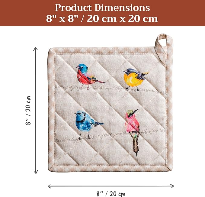 Maison d' Hermine Pot Holders 100% Cotton Heat Resistant Potholders 8" x 8" Hot Pads with Loop BBQ Cooking Baking Gifts for Mothers Day Handling Hot Pans Spring/Summer(Pack of 2, Birdies on Wire)
