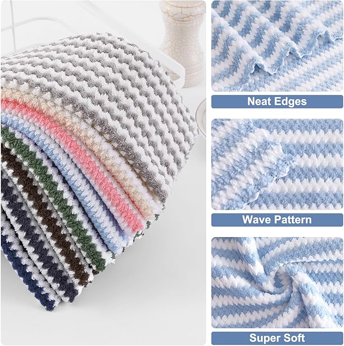 Homaxy 12 Pack Kitchen Dish Cloths, Ultra Soft and Absorbent Dish Towels, Reusable Fast Drying Microfiber Cleaning Cloth, Coral Velvet Wave Design No-lint, 10 x 10 inches, Blue