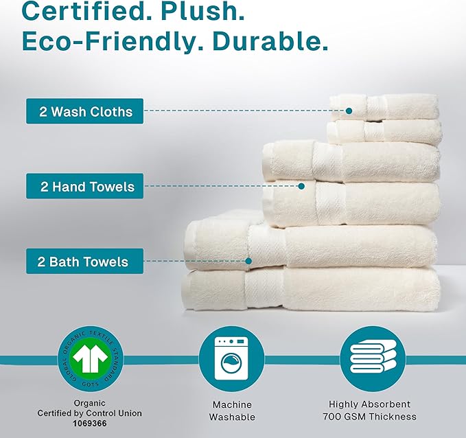 Fabdreams 100% Organic Cotton Bath Towel Set of 6 700 GSM Hotel Premium Plush Absorbent Soft Durable Skin-Friendly Spa Quality Bathroom Comfort with 2 Bath 2 Hand Towels and 2 Wash Cloths Ivory