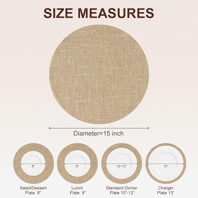 homing 15 Inch Round Cloth Placemats Set of 8, Cotton Linen Blend Washable Table Mats, Farmhouse Dining Place Mats for Indoors & Outdoors, Easy to Clean, Linen