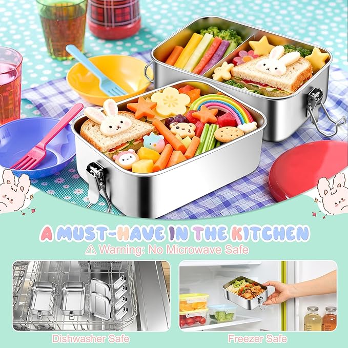 TeamFar Stainless Steel Bento Box, 2 Pack 47oz/1400ml Metal Lunch Box with 3 Compartments for Adults Kids, Large Lunch Food Containers for School/Work/Meal Prep, Leak-Proof & Dishwasher Safe