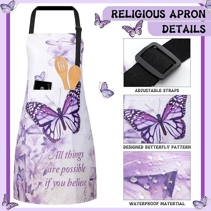 Hoolerry 6 Pcs Purple Kitchen Decor Baking Accessories Religious Cooking Aprons Dish Towels Oven Mitts and Pot Holders Sets with Silicone Spatula for Women Wife Grandma Cooking Baking Gifts