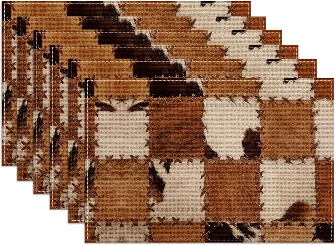 Brown Cowhide Print Placemats Set of 6,12x18 Inch Cow Skin Linen Place Mat Washable Stain Resistant Table Mats for Spring Summer Seasonal Farmhouse Kitchen Party Home Decor