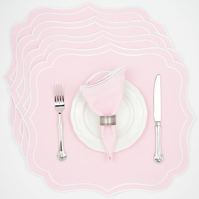 Cotton Linen Placemats Set of 4 - Double Layered, Machine Washable, Scalloped & Embroidered Cloth Table Mats - Wedding, Spring, Pastel Tone Mats, 19 x 17 inch, Light Pink